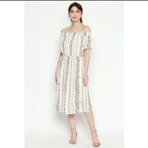 𝙊𝙡𝙙 𝙉𝙖𝙫𝙮 Floral Striped Off-Shoulder Midi Dress in Cream • XS